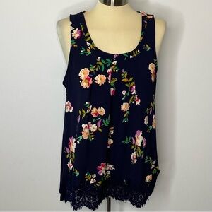 janetchung Floral Print Lace Trim Sleeveless Top